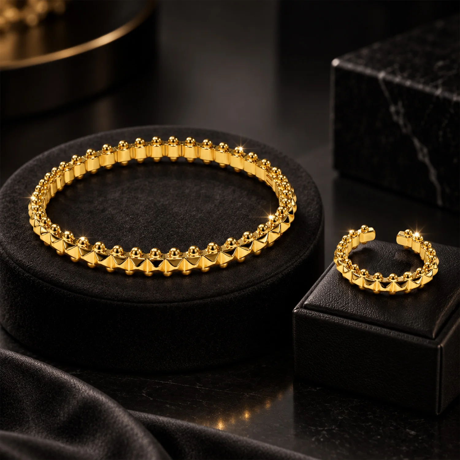 2Pcs/set textured stud open bangle and ring set continuous spike bead cuff bracelet trendy matching jewelry set for women daily