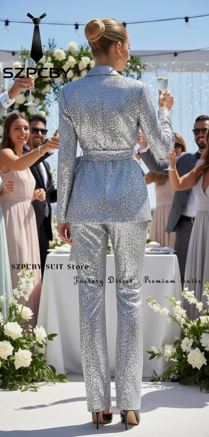 Sequin 2 Piece Pant Suits for Women with Belt Glitter Sparkly Shiny Club Night Tuxedo Outfits for Special Occasions