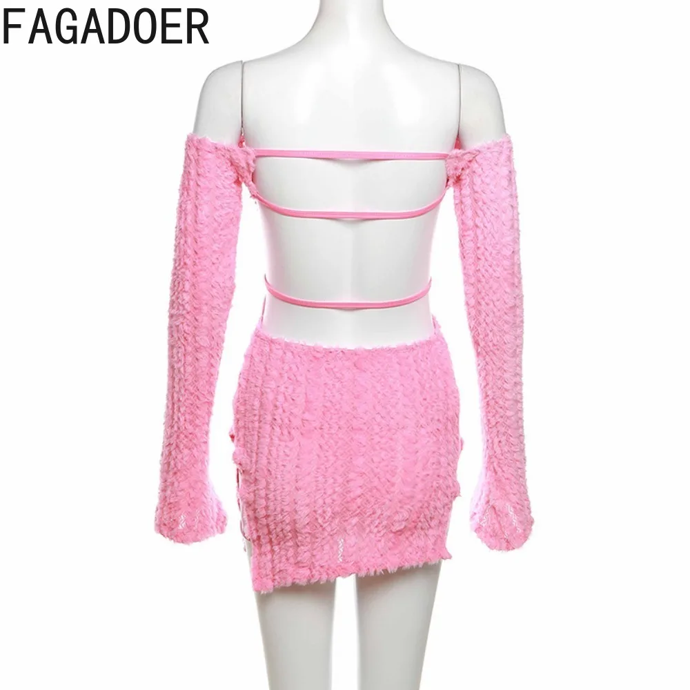 FAGADOER Summer New Solid Knitting Ruched Off Shoulder Dresses Women Backless Long Sleeve Hollow Slim Vestidos Fashion Clothing