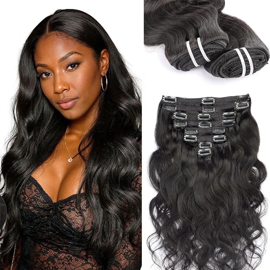 120G 240G Full Head Body Wavy Clip Hair Extensions Brazilian Machine Remy 100% Real Natural Black ColorHuman Hair 18 Clips