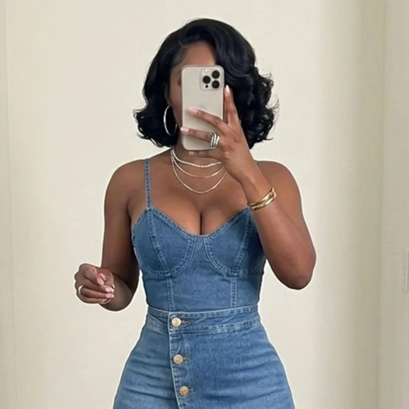 Yeezzi Women's Y2K Adjustable Spaghetti Strap Tank Top Sleeveless Sweetheart Smocked Side Zipper Denim Cropped Corset Camisole