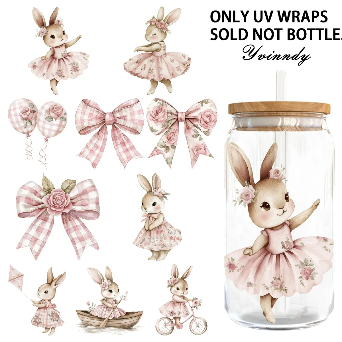 4 Stück/Set Rosa Osterhase DIY Licht-Beige Tumbler-Wrap Dekoratives Transferpapier UV DTF