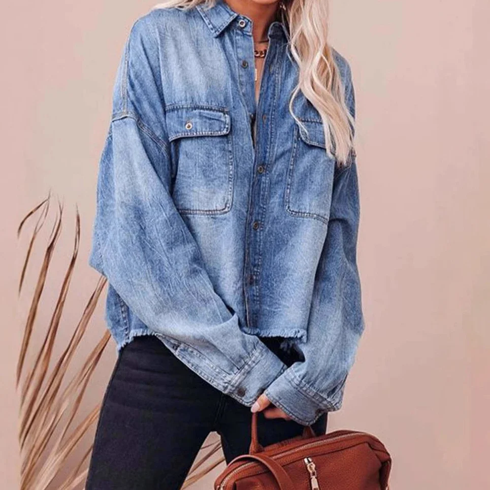 Spring Denim Shirt Coat Women Jackets Shirts Turn Down Collar Y2k Tops Single Breasted Casual Coats Elegant Streetwear Blouse