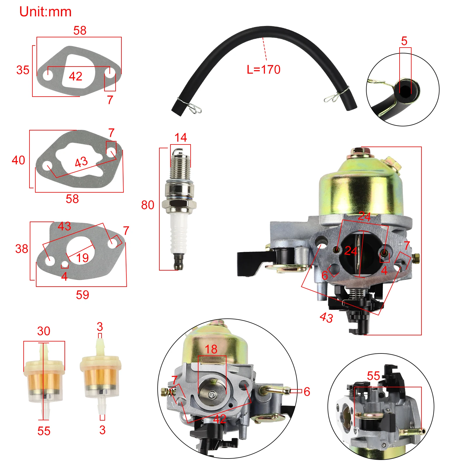 Carburetor Fuel Filter Fuel Line Spark Plug Gasket Kit for Victa V40 Sanli Gardeners Choice Mower Honda GXV160 Lawn Mower Engine