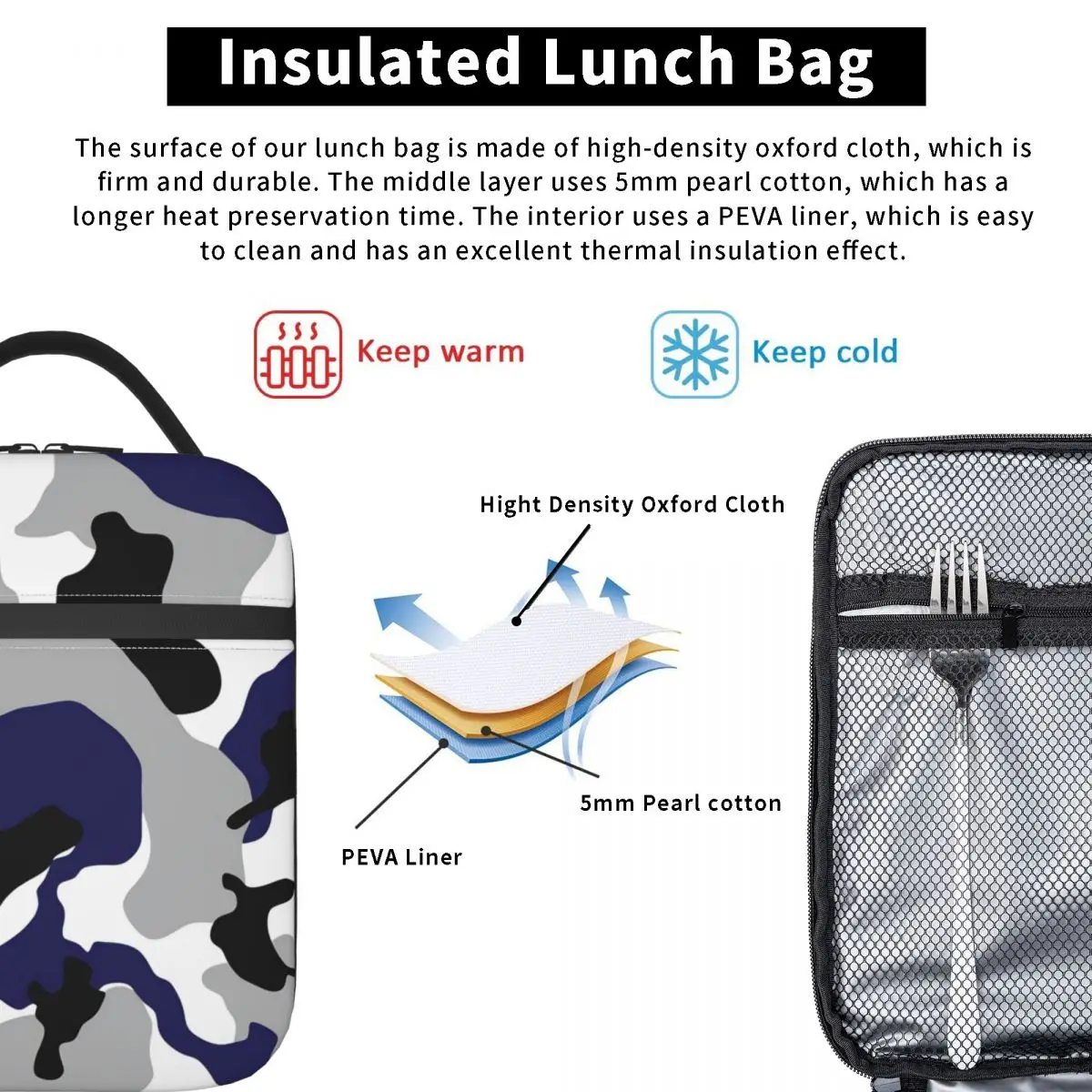 حقيبة غداء مموهة باللون الأزرق للرجال، صندوق غداء جمالي للسفر، حقيبة تبريد محمولة من أكسفورد الحرارية #3