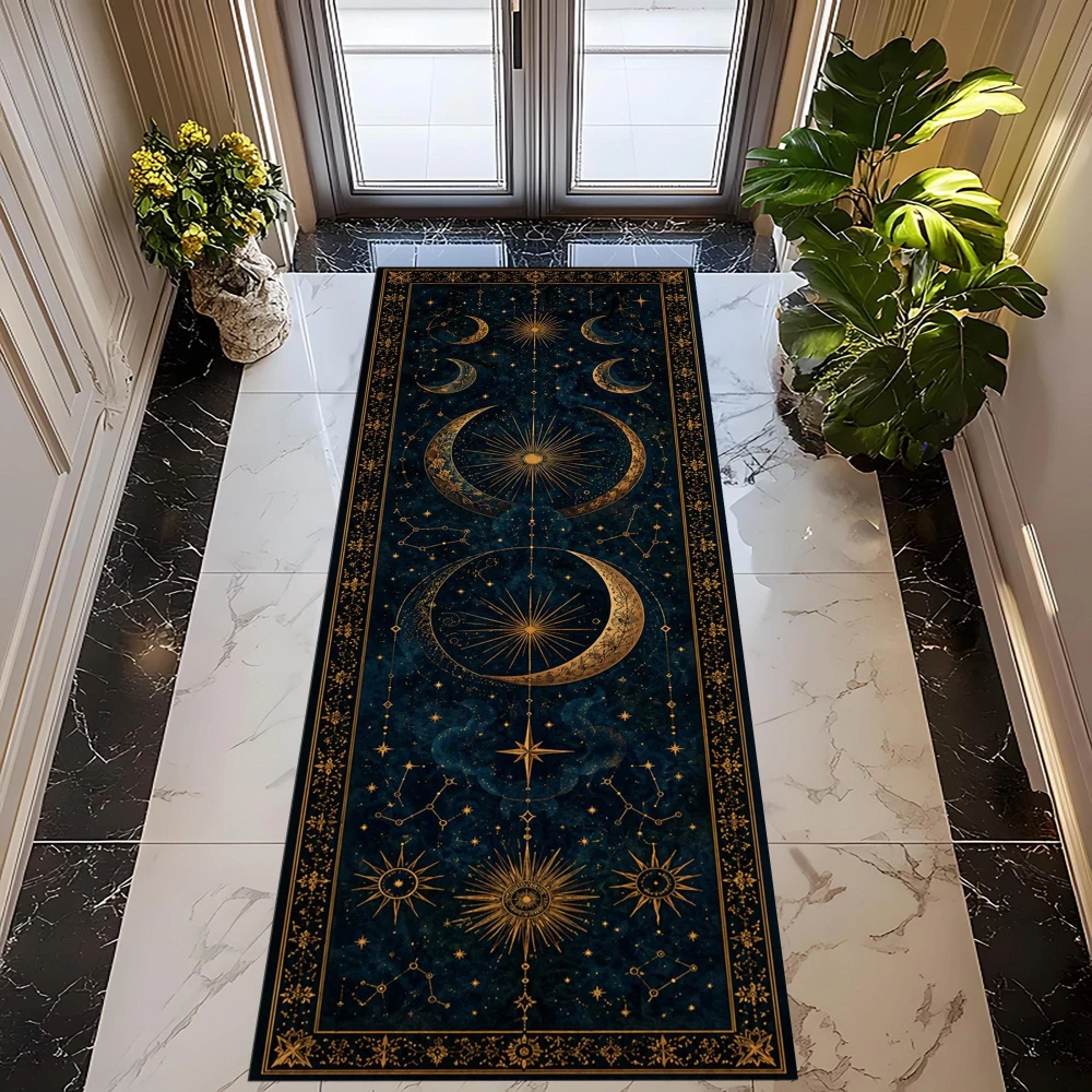 Vintage Celestial Moon Star Golden Tarot Art runner rug cottage loft villa bedroom artistic floor runner Halloween decor