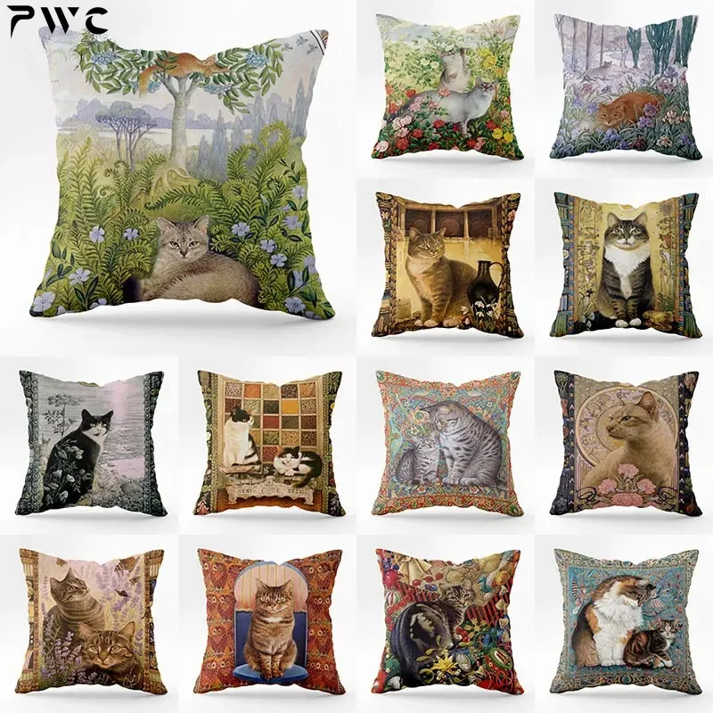 

45X45CM Vintage Cat Pillowcase Vintage Peach Skin Square Sofa Pillowcase Cushion Cover Wholesale