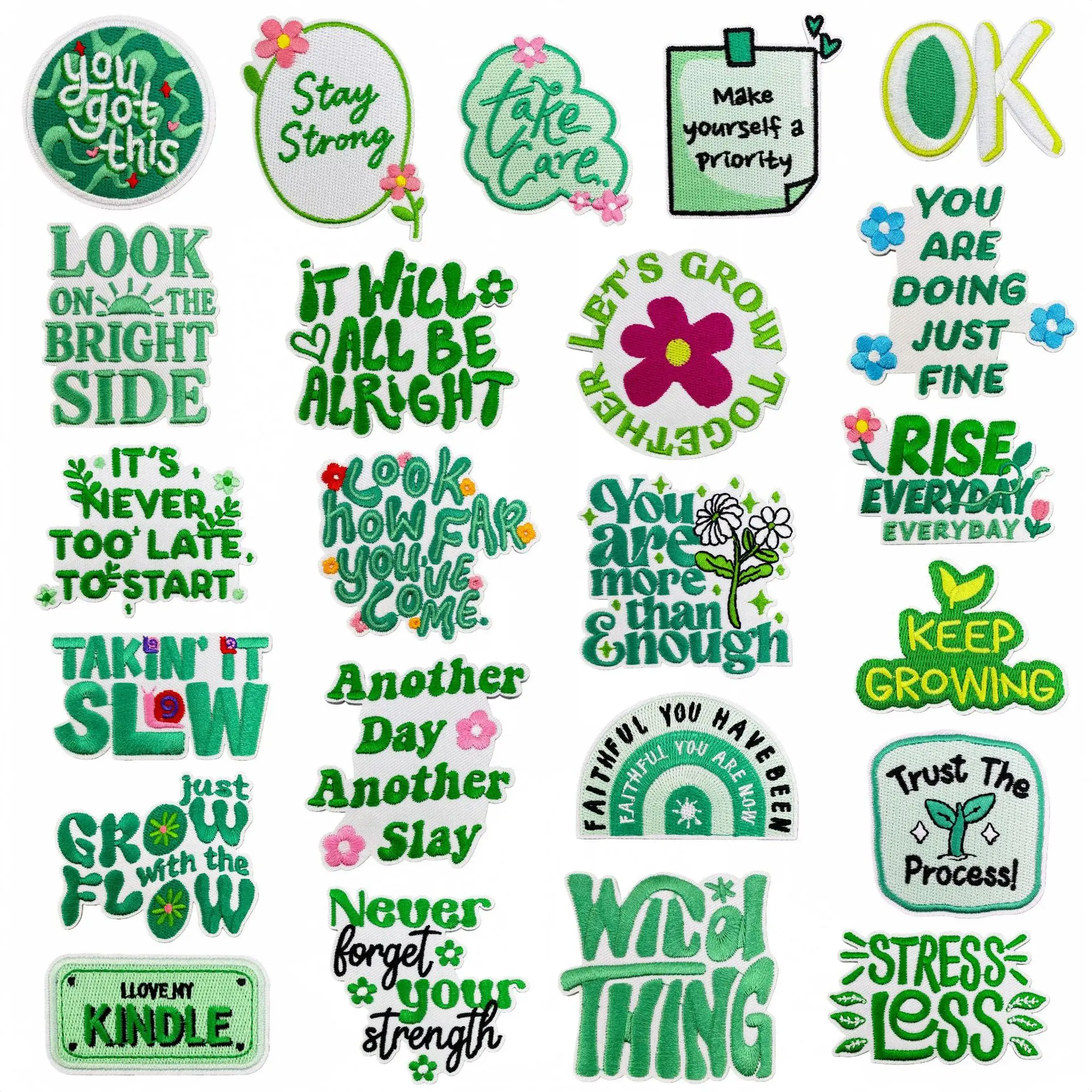 10 Pcs Stay Strong Keep Growing Embroidered Patch Clothing Hat Bag Shoe Repair Material Phone Gift Box Decor DIY Accessory