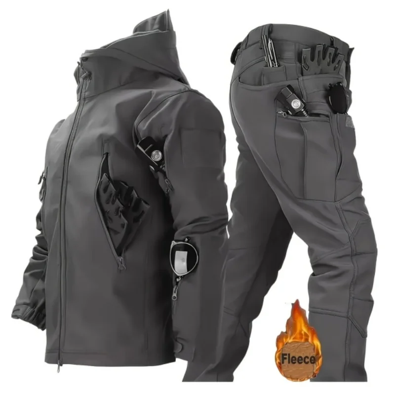 

Мужской теплый тактический костюм, куртка с капюшоном и флисовыми брюками-карго с несколькими карманами, комплект из 2 предметов для альпинизма, велоспорта, скалолазания