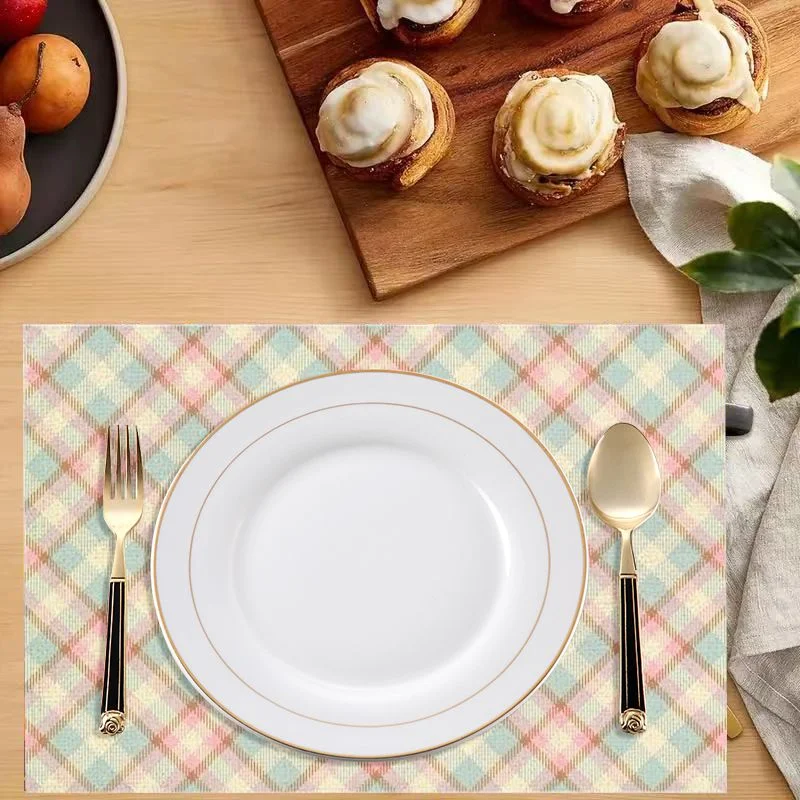 VIKAMA Pastel Pink Blue Yellow Diagonal Plaid Placemats Soft Tartan Table Mat Washable Heat Resistant Minimalist Dining Decor
