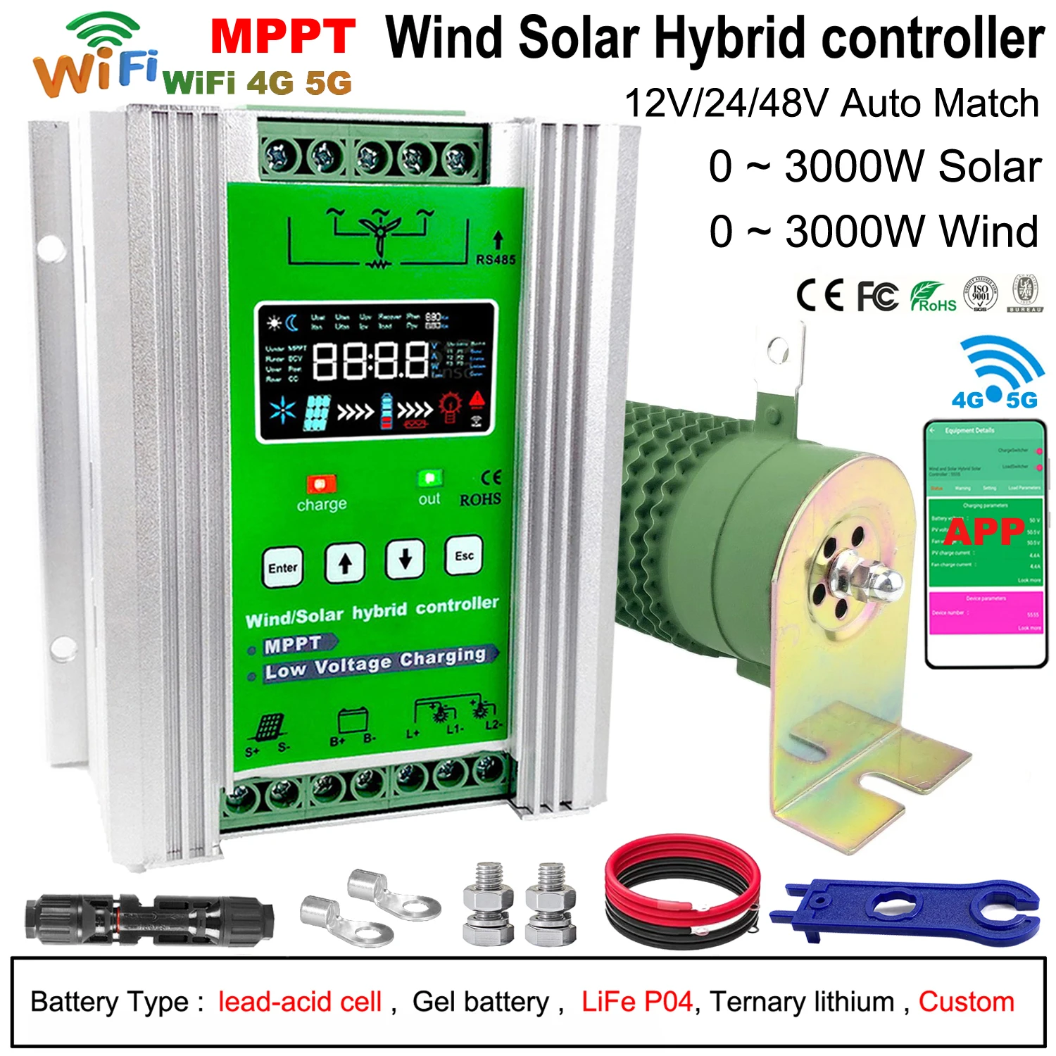 4000W 5KW Wind Solar Hybrid Charge Controller with Equalizer,12V 24V 48V AUTO, MPPT for Solar and Wind, for Lithium Lead Battery
