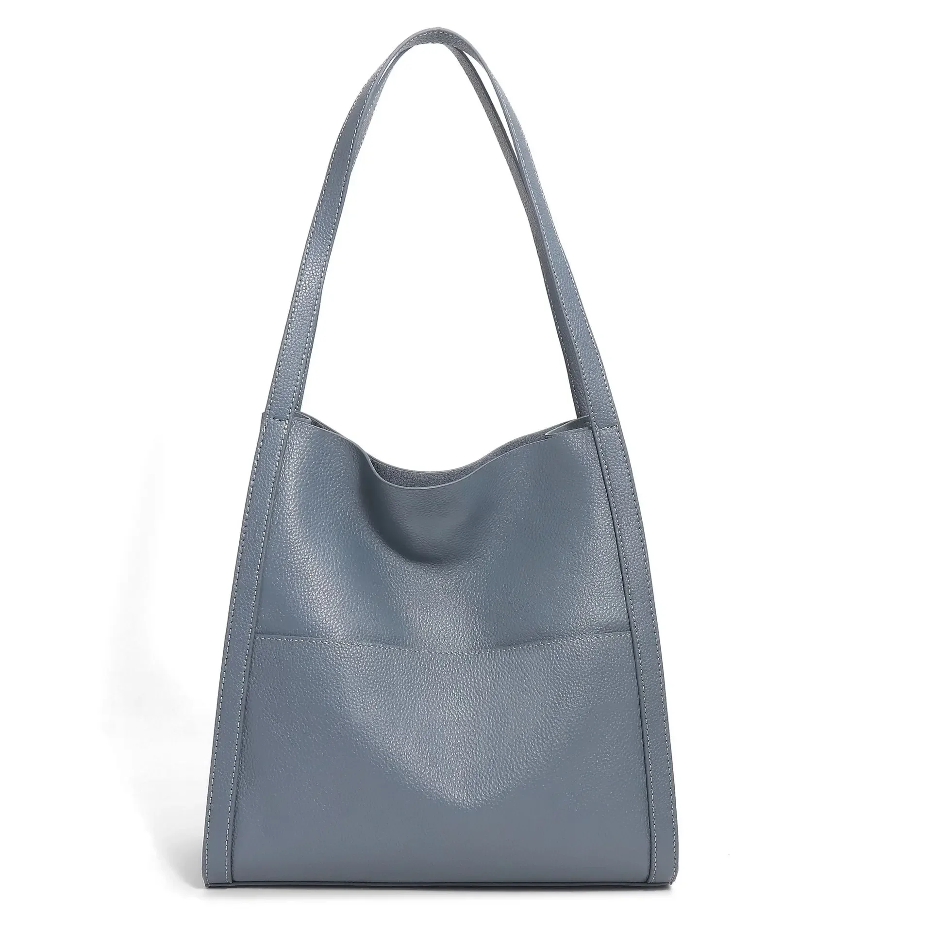 2025 Trendy Women's Tote Bag Blue Color Genuine Leather Handbag Purse Casual Large Capacity Shoulder Hobo Minimalist Ladies Bag