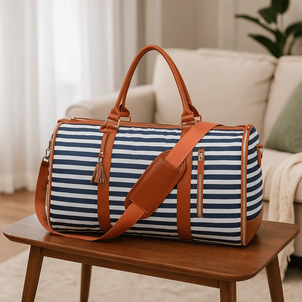 Shoulder Strap Striped Large Capacity Travel Bag Foldable Convertible Duffle Bag PU Material Expandable Folding Suit Bag Travel