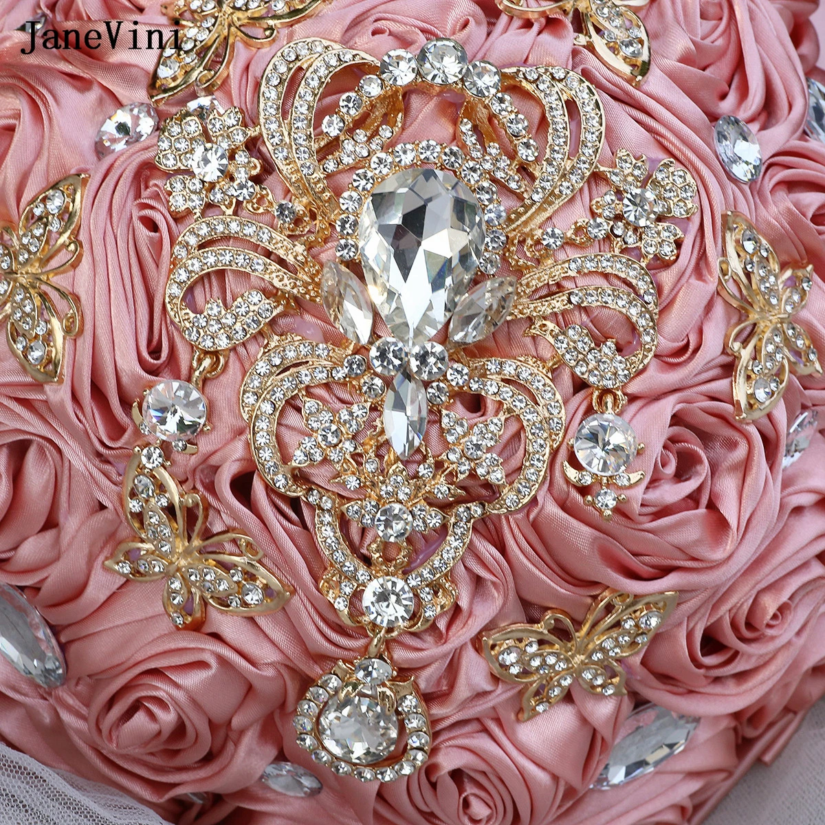 JaneVini باقات زفاف فاخرة بأحجار الراين على شكل فراشة مع مجوهرات ذهبية ورود صناعية من الساتان باقة زهور العروس لحفلات الزفاف
