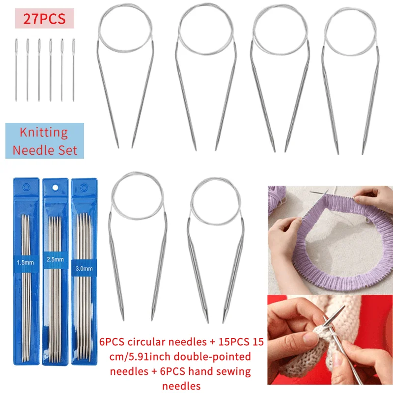 27-Piece Knitting Needle Set, Including 6 Circular Needles (2/2.5/3/3.5/4.5/5.5mm), 6 Large-Eye Sewing Needles, 15 Double-Ended Straight Needles (1.5/2.5/3mm), with Circular Needle Lengths Ranging from 40cm to 120cm, Suitable for Different Knitting Needs, Including Knitting Scarves, Hats, Sweaters, Socks, Blankets, and Large Projects