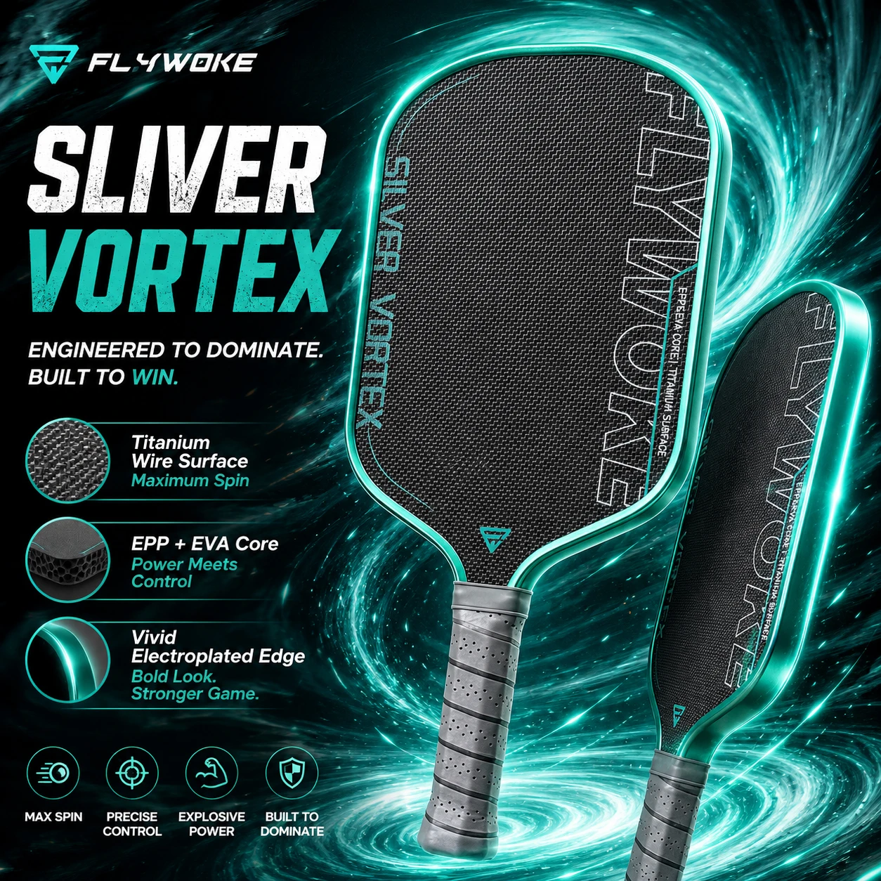 FlyWoke Titanium Silver Thread Carbon Fiber Pickleball Paddle Gen6.0 Heat Press EPP Core EVA Power Ring Large Sweet Spot