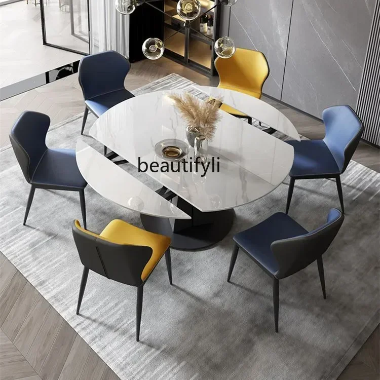 ljyLight luxury rock slab dining table and chair combination small apartment rotating telescopic folding round dining table