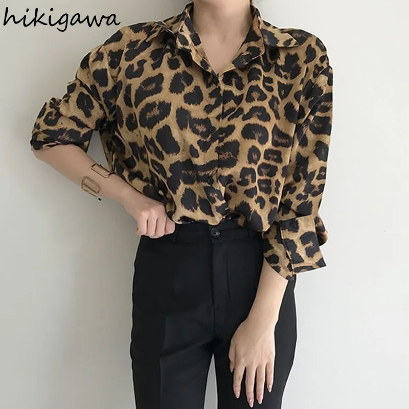 Retro Leopard Print Blouses Women Clothes Camisas De Mujer Long Sleeve Summer Korean Chic Shirts Casual Fashion Oversized Tops