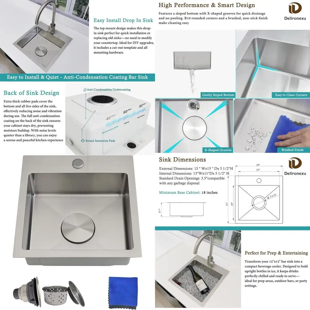 

15 Square Drop-In Bar Sink, 18-Gauge Stainless Steel, Brushed Finish, Single Bowl for Outdoor and RV Use
