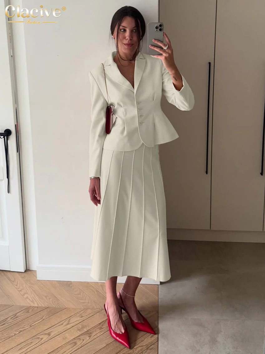 

Clacive Fashion Loose Beige Office Skirt Set 2 Piece Woman 2025 Elegant Long Sleeve Blazer With High Waist Long Skirt Set Female