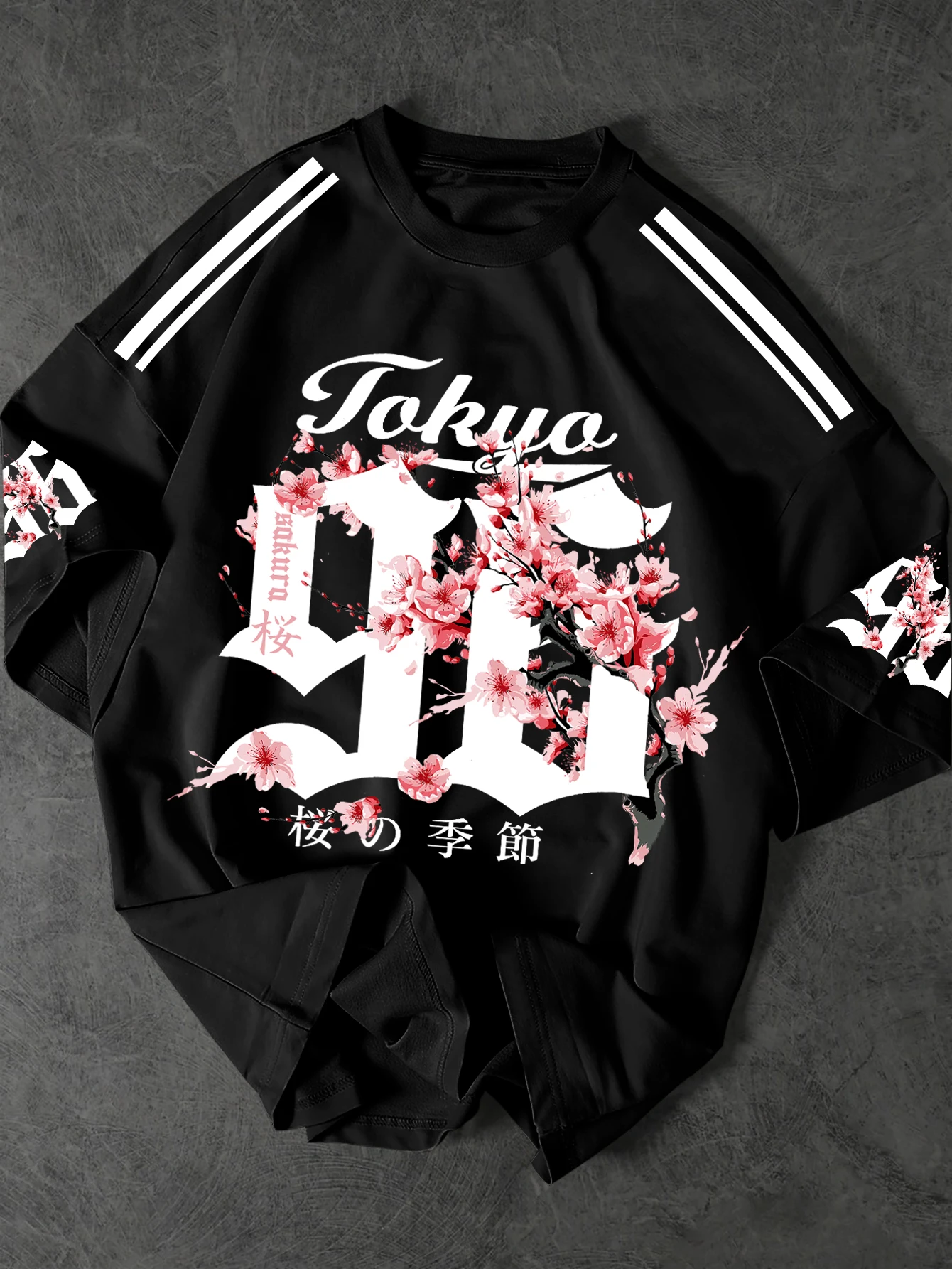 Men's Japanese Streetwear Sakura Print T-Shirt Tokyo Cherry Blossom Graphic Tee Oversized Short Sleeve Tops