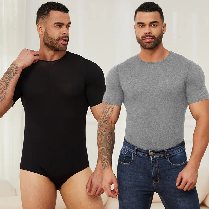 

Mens Short Sleeve Bodysuit Press Button Crotch Shapewear Sleepwear Crew Neck Leotard Undershirt Daily Skinny Breathable Jumpsuit