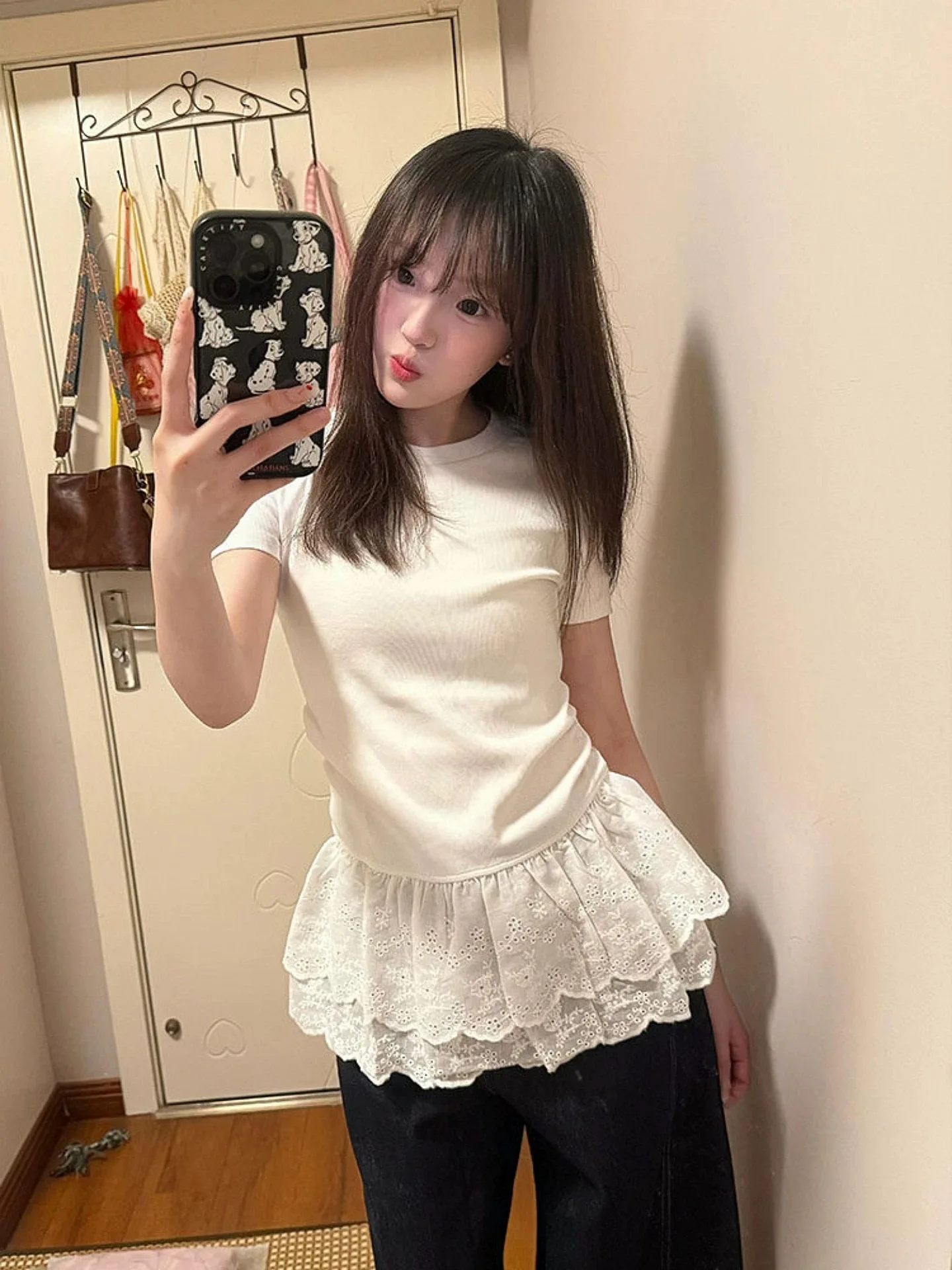 Summer New Women's Short Sleeve T-Shirt 95 Cotton round Neck Lace Hem Large Size Body Shaping Top Comfortable Breathable