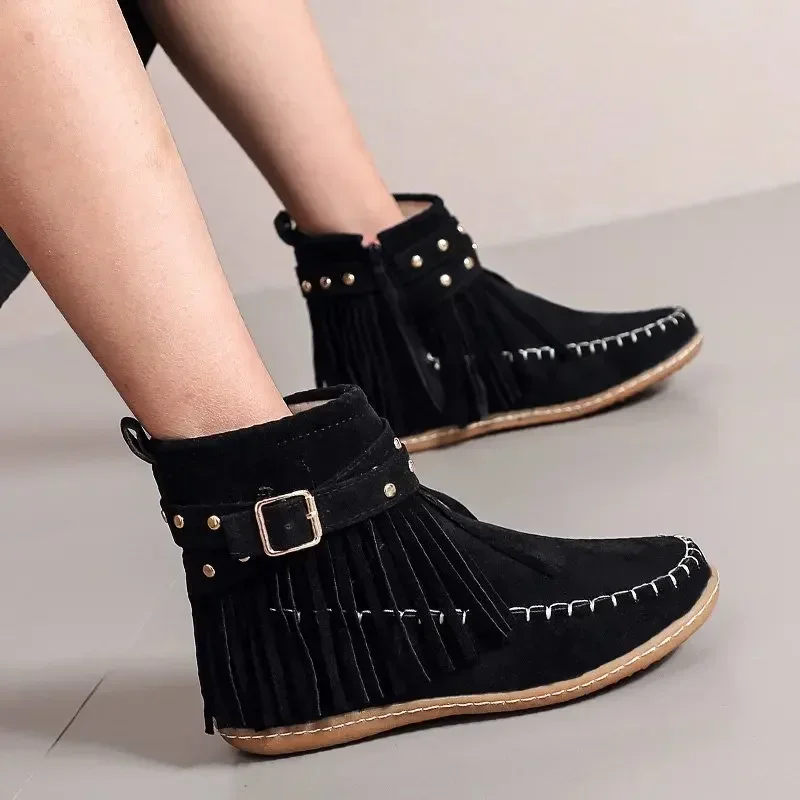 

2024 Casual Comfortable Flat Shoes for Women Ankle Boots Autumn/winter Rivet Belt Buckle Suede Side Zipper Sewing Short Botas