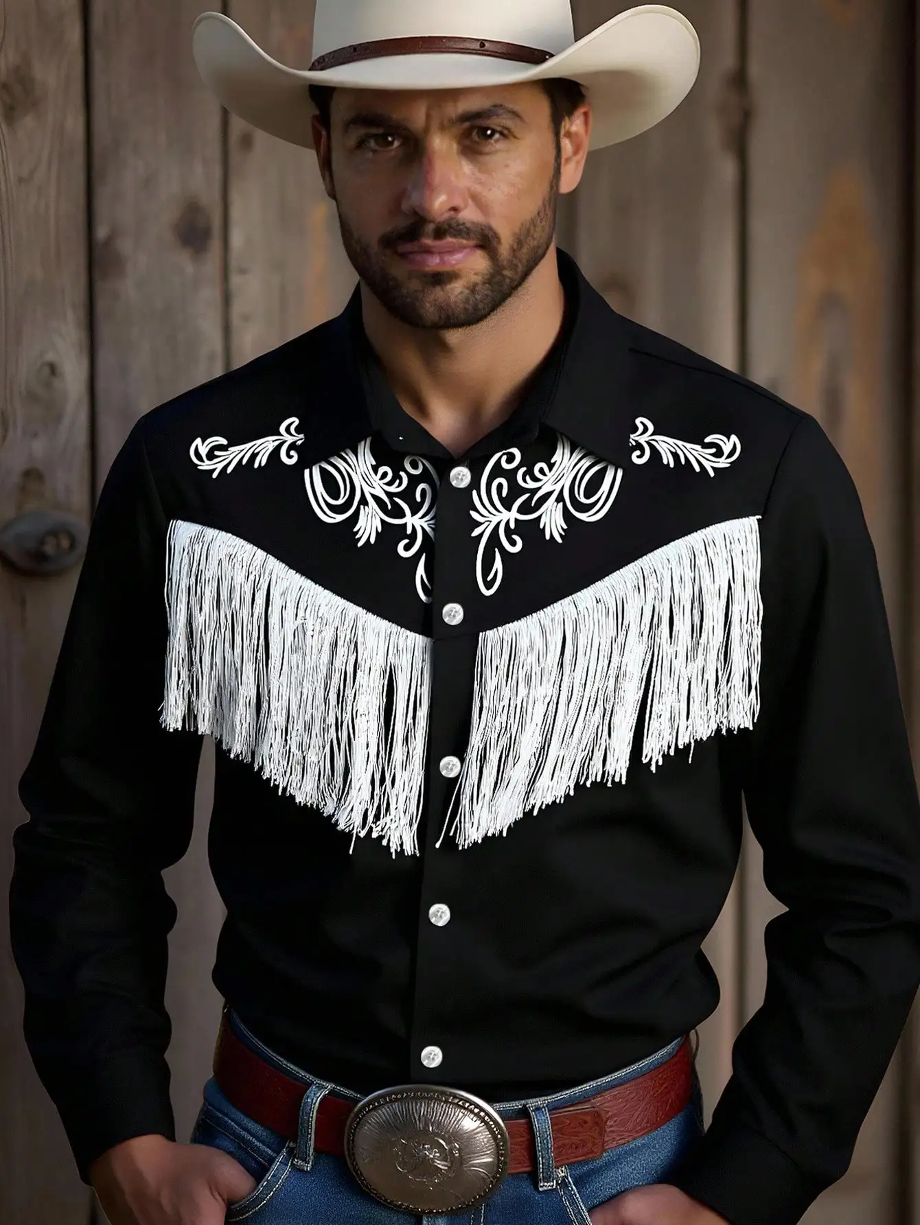

Men's Black Western Shirt with White Embroidery and Fringe Detail, Long Sleeve Button-Down