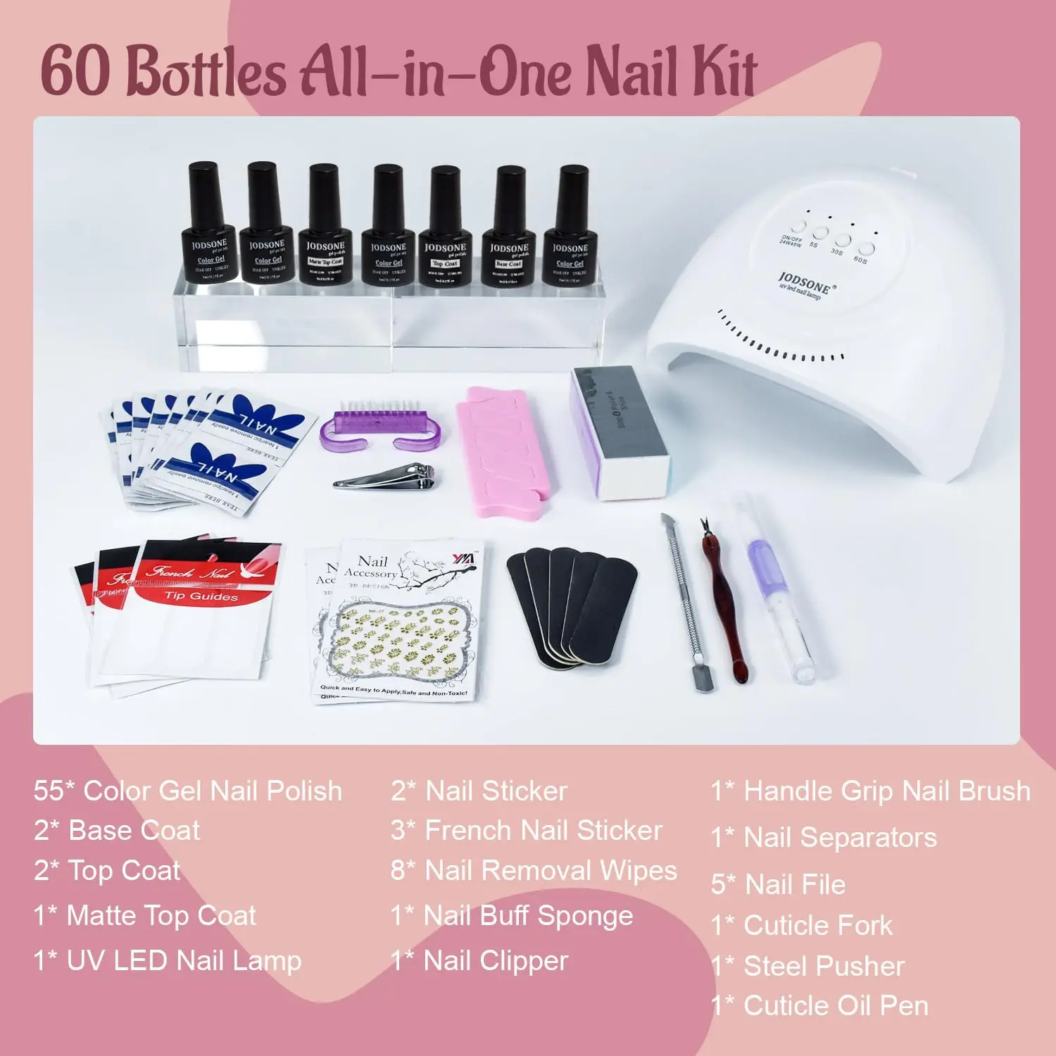 60-Piece Gel Nail Polish Kit with UV Light, 55 Colors and Base/Top Coats for Women and Girls