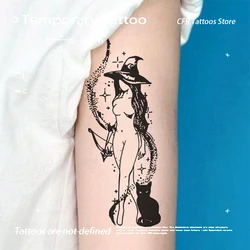 Witch Cat Herbal Juice Tattoo Sticker Temporary Tattoos Man Fake Tatto Half Arm Waterproof Trendy Sexy Hotwife Art Bodyart Charm
