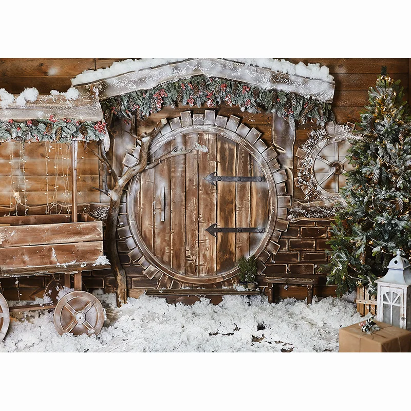 Shengyongbao Winter Rustieke Tnterior Versierd Nieuwjaar Met Kunstsneeuw En Kerstboom Fotostudio Achtergrond SSD-04