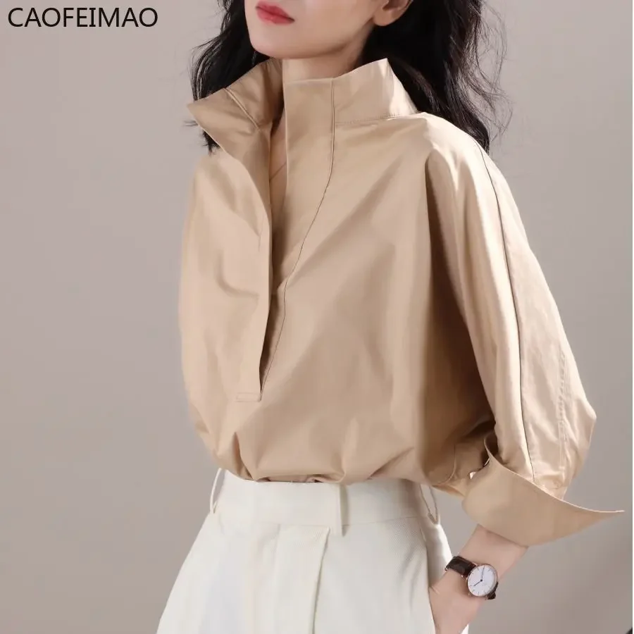 2025 New Autumn Fashion Women's Casual Three-quarter Sleeve Cotton Shirt Elegant Stand Collar White Office Lady Loose Blouse Top