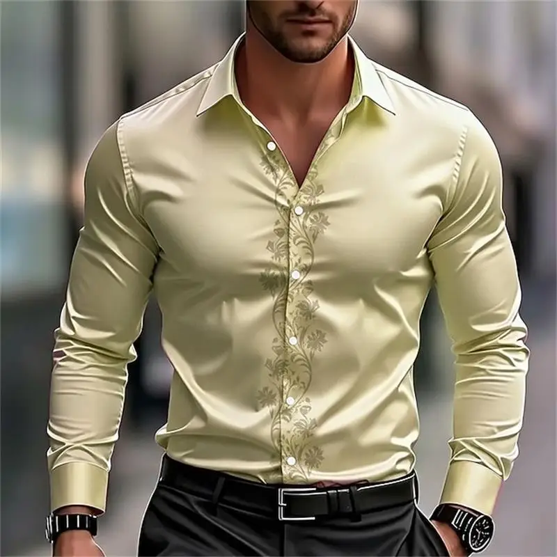 Camisa de manga larga a la moda para hombre, camisa informal con estampado 3D y botón de solapa, camiseta cómoda de manga larga