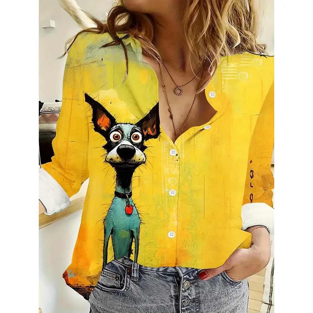 Women\'s Fashion Loose New Long Sleeve Shirts & Blouse Elegant 3d Animal Puppy Printed Single-Breasted Shirts Women Clothing