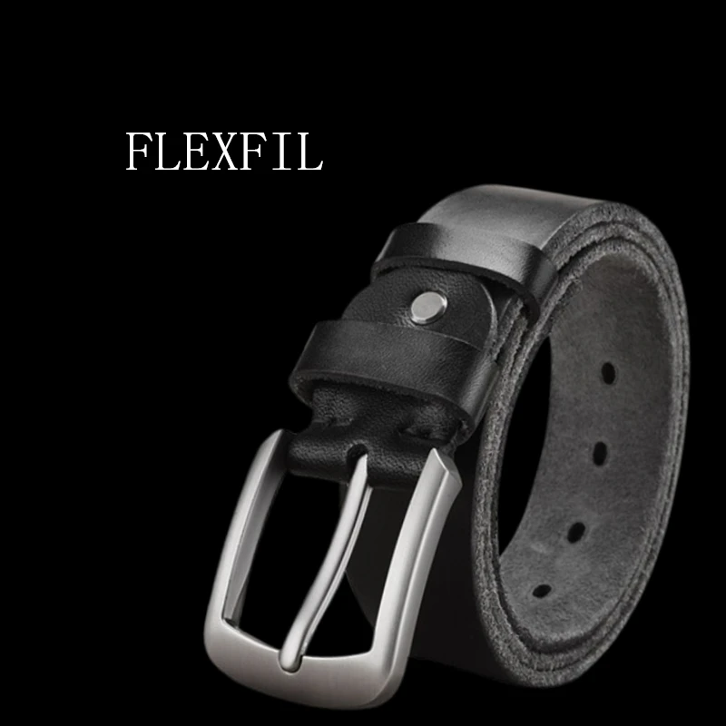 

FLEXFIL Men Leather Belt Metal High Quality Business Fashion vintage Classic brand simple Cowskin Waist Strap Jeans Men Belt