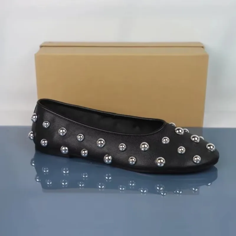 Designer Retro Black Rivet Ladies Ballet Flats Soft Leather Round Toe Shallow Female summer Footwear 2025 Plus Size Women Shoes