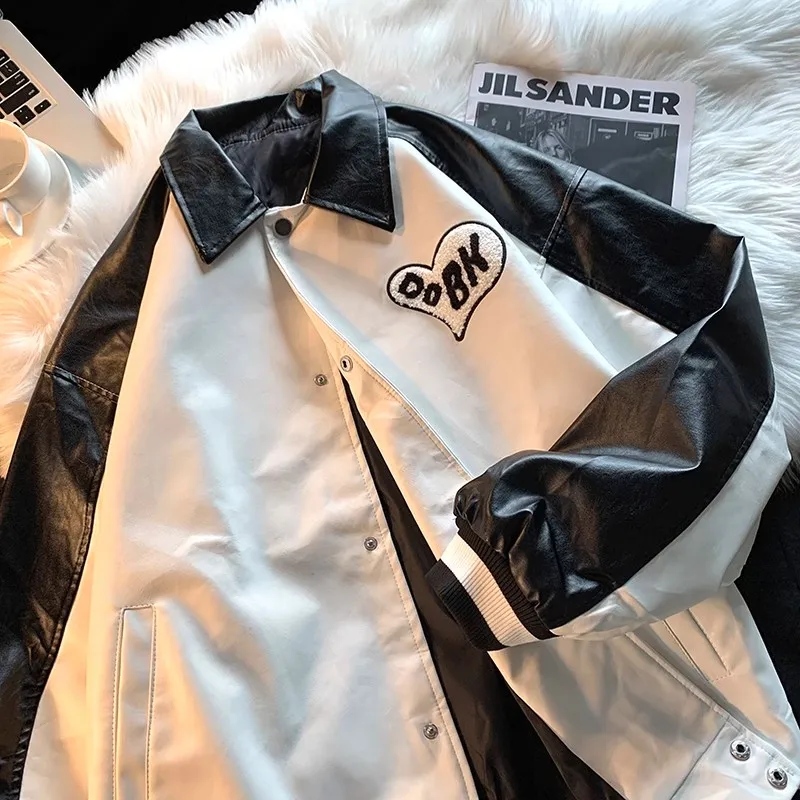 Retro Embroidered Patchwork Baseball Jacket Unisex Oversize Outdoor Style Sports Motorcycle PU Leather Coat Youth Fashion