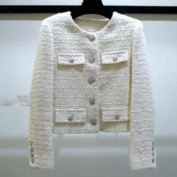 Wool-blend Tweed Jacket for Women, Crewneck Cropped Top, Classic Coats, Elegant Designer Jackets, Autumn and Winter Clothes