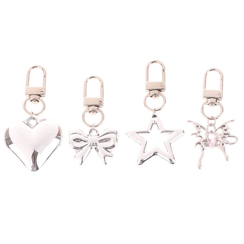 Korean Simple Star Bow Heart Keychain Y2K Silver Color Metal Keyring Headphone Case Charm Bag Pendant Decoration