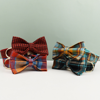 Plaid Dog Collar Designer With Bow Tie Custom Dog Accessories Luxury Pet collar leash set Plaid Dog Collar Designer With Bow Tie Custom Dog Accessories Luxury Pet collar leash set