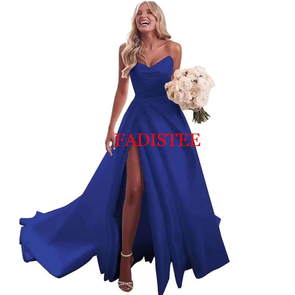 Classic Strapless Satin Prom Dresses Sexy Pleats A-line High Side Split Modern Evening Party Gowns Lace-up Back Customized