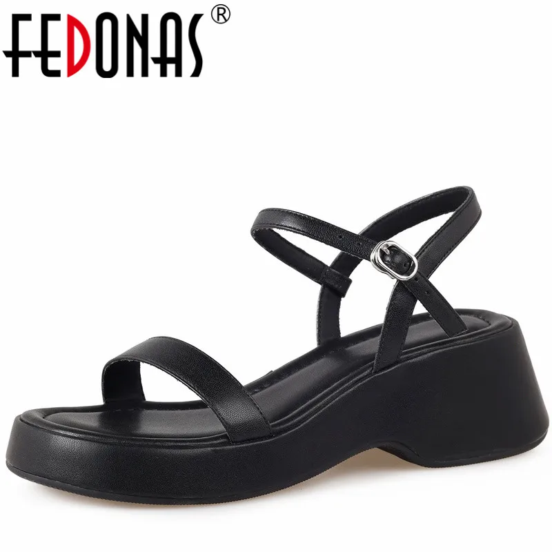 FEDONAS Leisure Platforms Women Sandals Ankle Strap Concise Genuine Leather Comfortable Working Casual Shoes Woman Pumps Summer