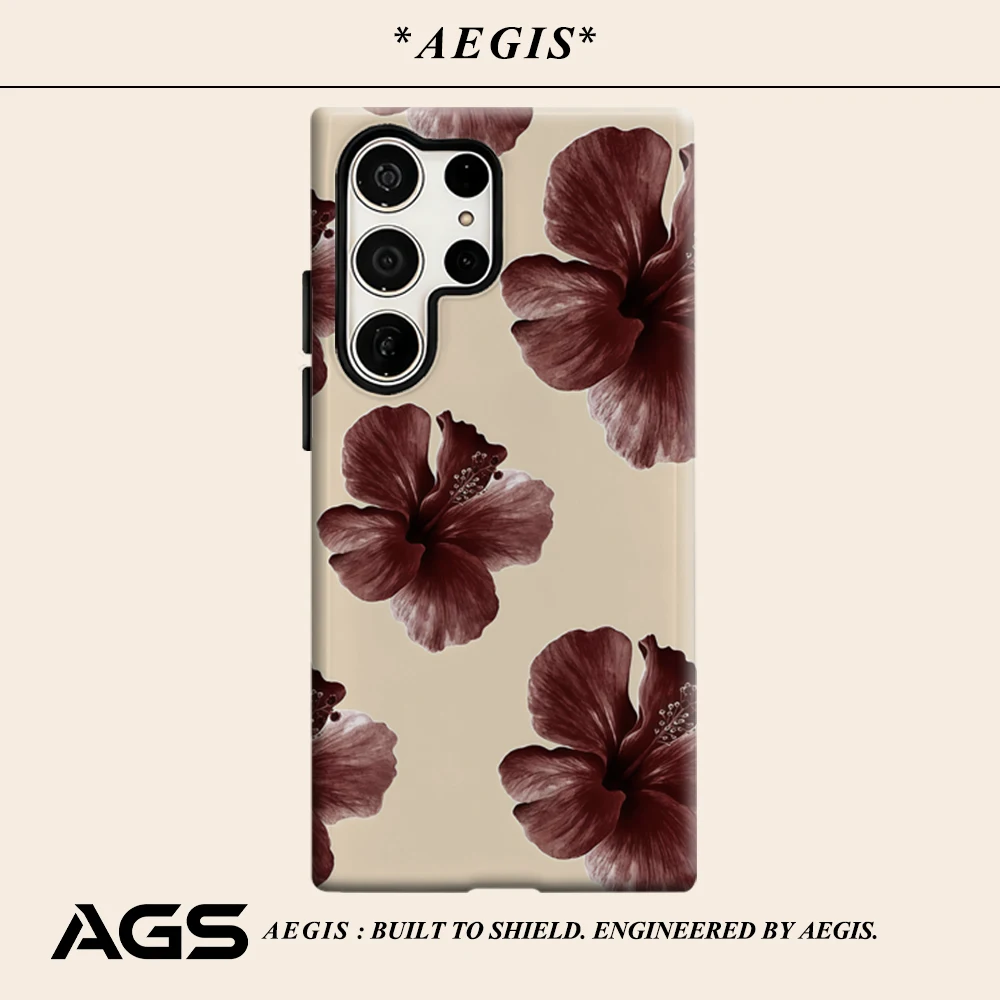 Burgundy Hibiscus Phone Case for Samsung Galaxy S25 Ultra S24 S23 Ultra Plus Glossy Double-layer Back Cover