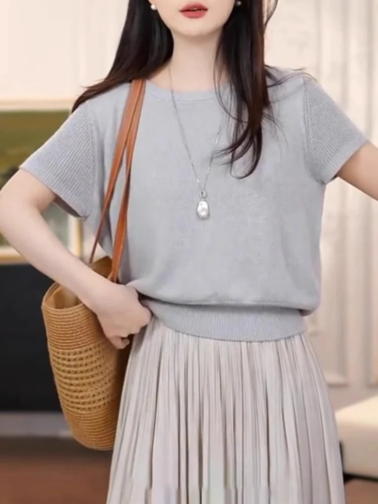 بلوزة صيفية أنيقة وعصرية بياقة مستديرة وأكمام قصيرة من الحرير الصناعي المحبوك على الطراز الكوري #2