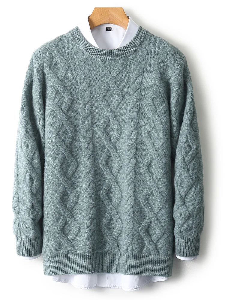 100% Merino Wool Men's Round Neck Thickened Autumn Winter Warm Casual Fashionable Knitted Sweater