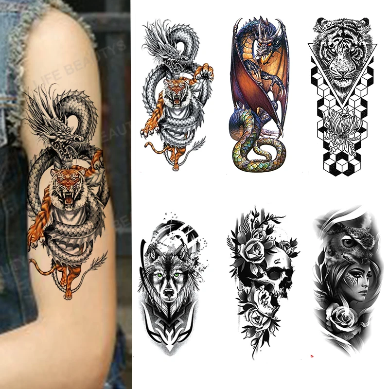 12 Sheets  Waterproof Temporary Tattoo Glitter Body Art Sleeve Sticker for Men And Women ExoticBlack Skull Wolf Animal