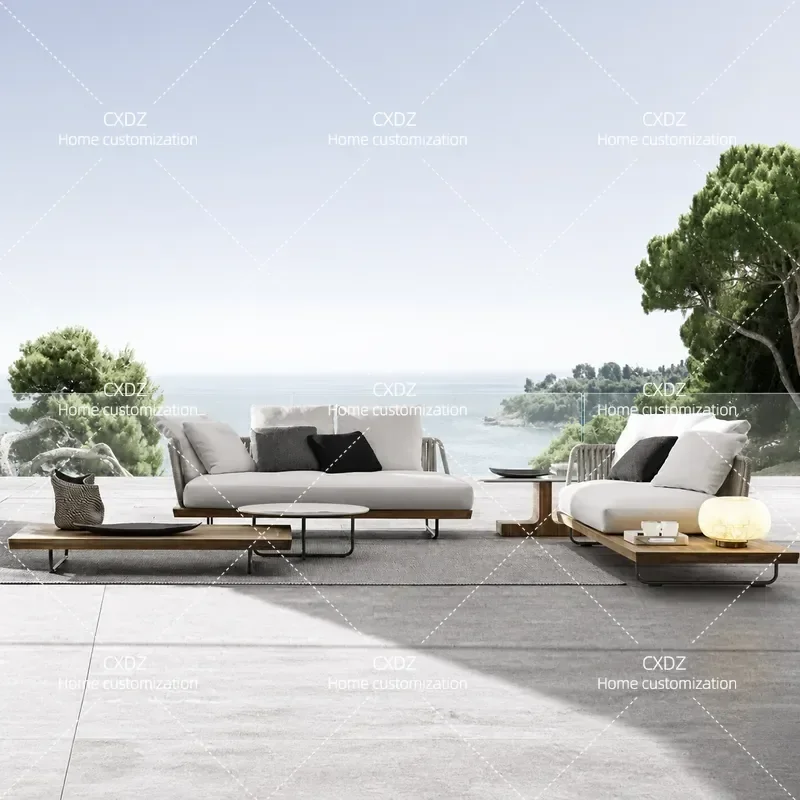 Nordic Outdoor Rattan Sofa Set Solid Wood Waterproof Sunproof Leisure Furniture for Courtyard Balcony Garden Patio