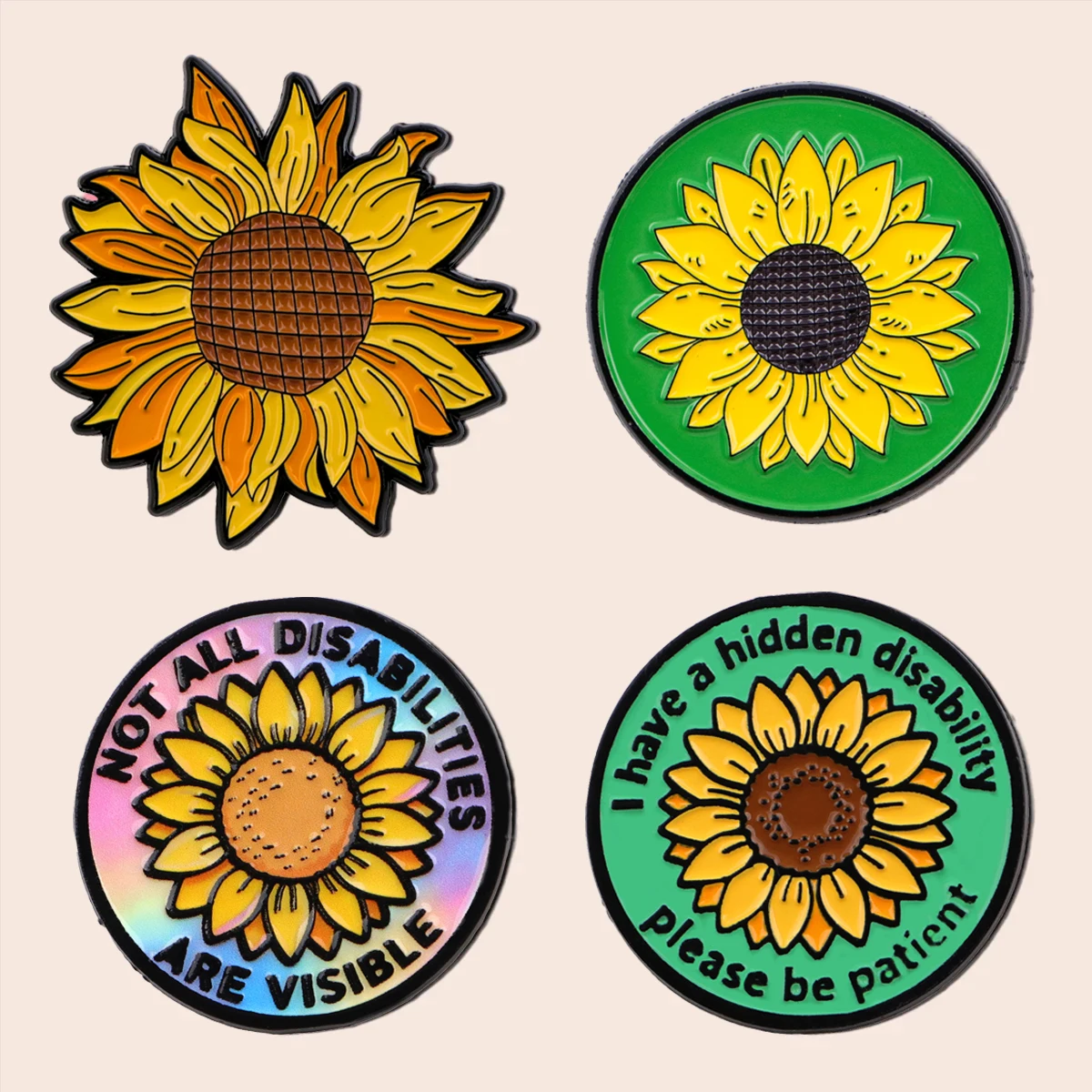 4pcs/Set Yellow Sunflower Enamel Pin Not All Disability Awareness Women's Badge for backpacks Collar Lapel Pin Hat Jewelry Gifts
