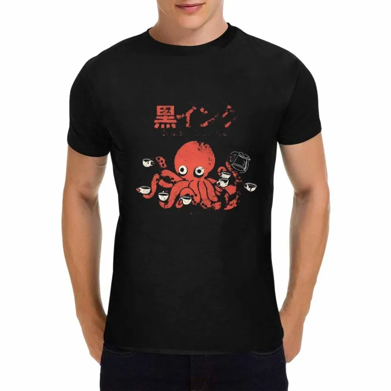 

Men's Black Crew Neck T-Shirt Red Octopus with Coffee Cups T-Shirt WHX 180g